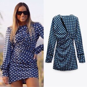 Zara Blue Black Satin Geometric Print Ruched Mini Dress